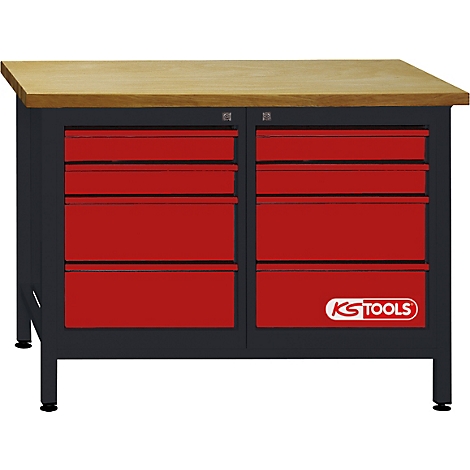 Werkbank mit Holzplatte, rotem Schubladenschrank und KS TOOLS-Logo.